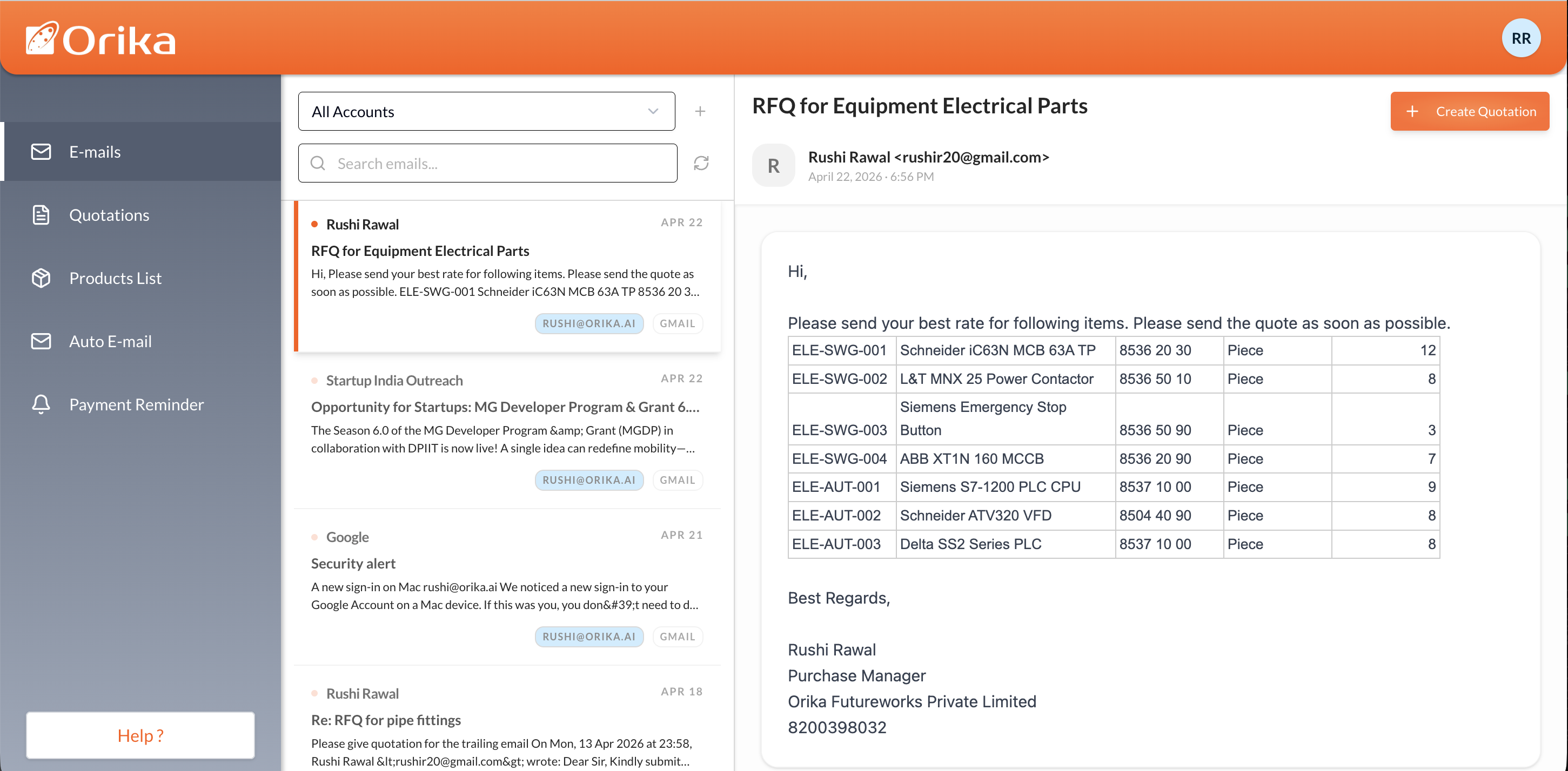 Orika Email Sync & Quotation Generator